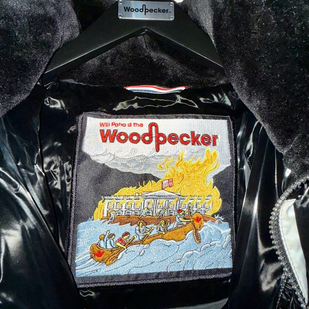 Woodpecker Black Jacket with Embroidered Patch label.